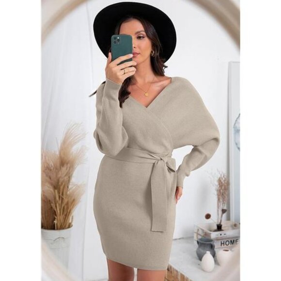 Beige Knit Belted Wrap Bodycon Sweater Mini Dress V-Neck‎ Long Sleeve Knit Dress - Picture 1 of 5
